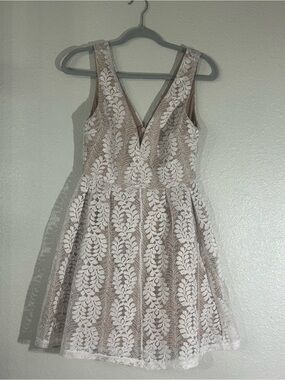 Lulu's Blush Mini Dress with White Lace Overlay